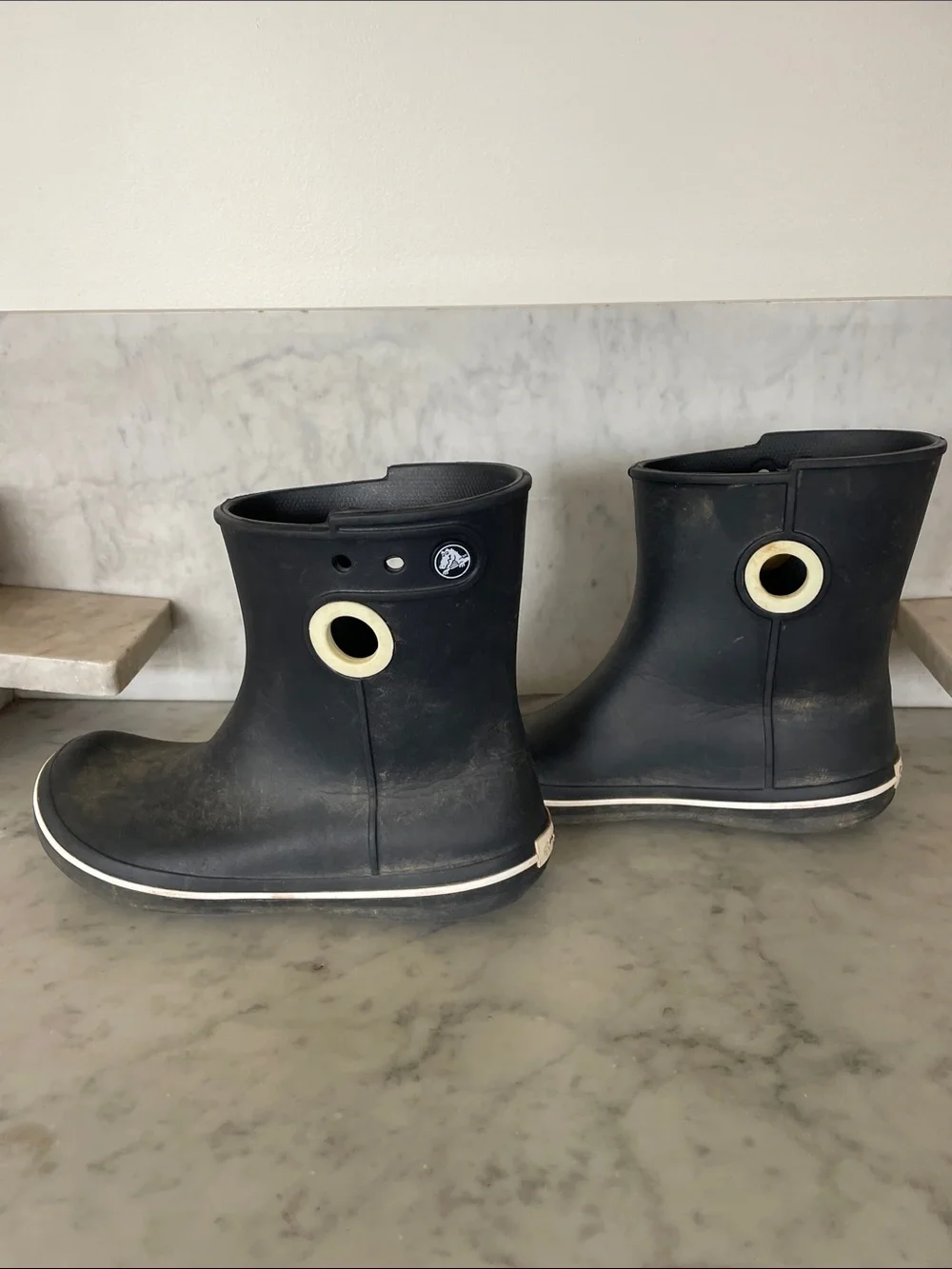 CROCS Black Short Rain Boots with Cream Eyelet